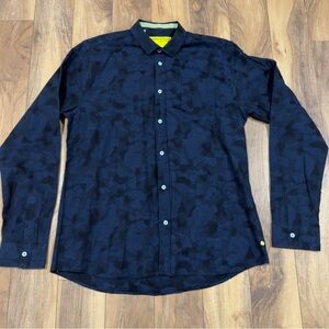 Descendant of Thieves Lost All Over Button Front Shirt Navy Black Camo, Size XL